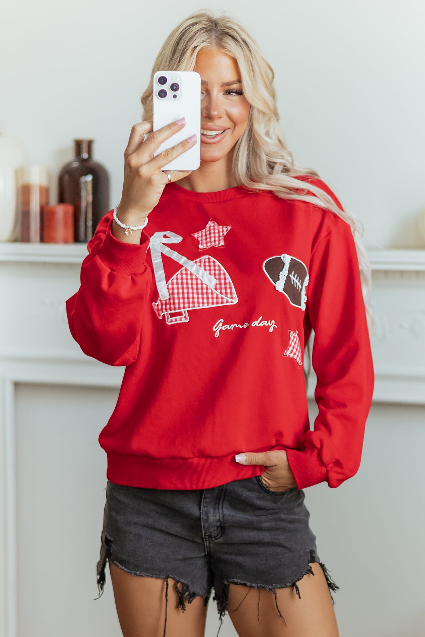Racing Red Gingham Patch Embroidered Rugby Game Day Stars Sweatshirt