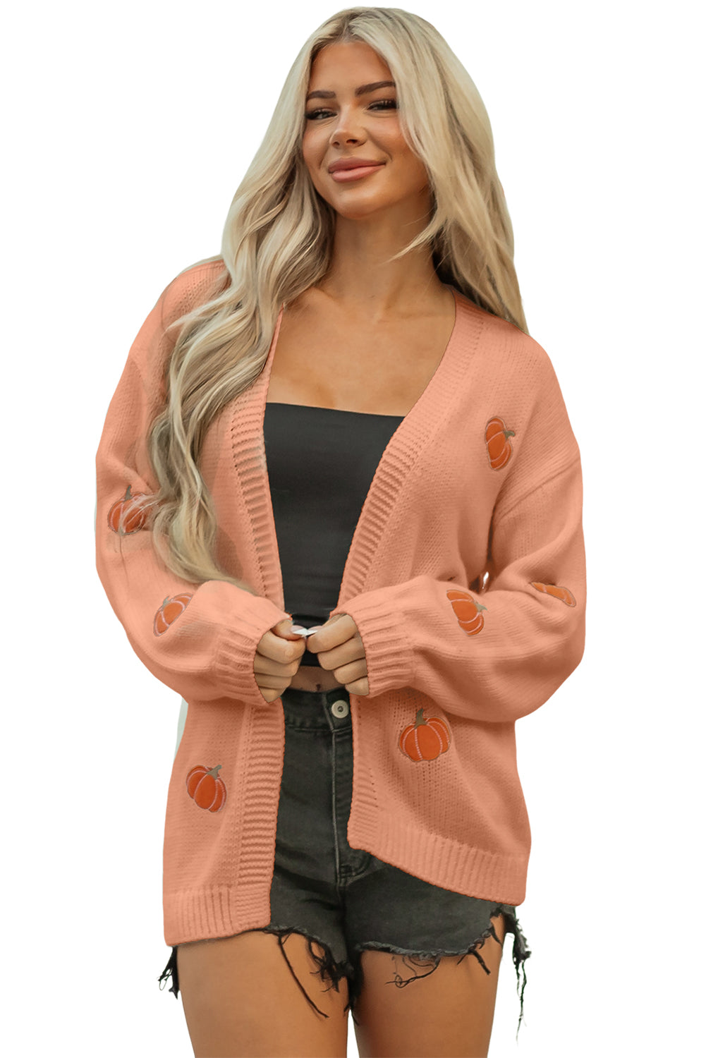 Light Pink Christmas Tree Print Open Front Drop Shoulder Midi Cardigan