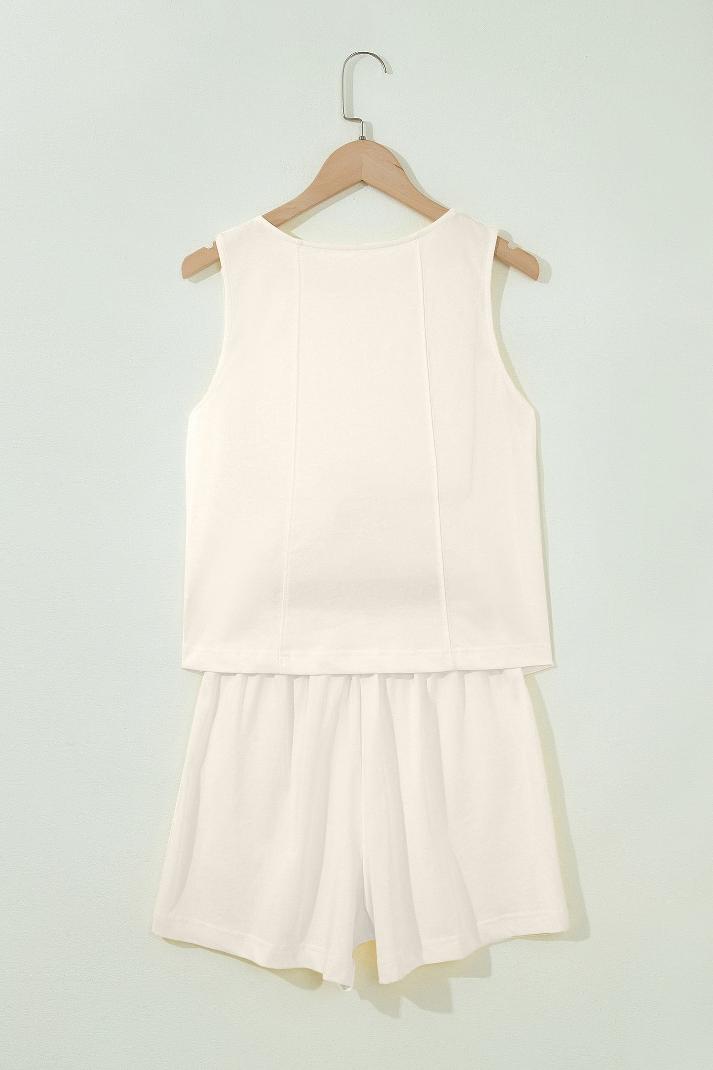Beige Stitched Detail Loose Tank Top Cotton 2pcs Short Set