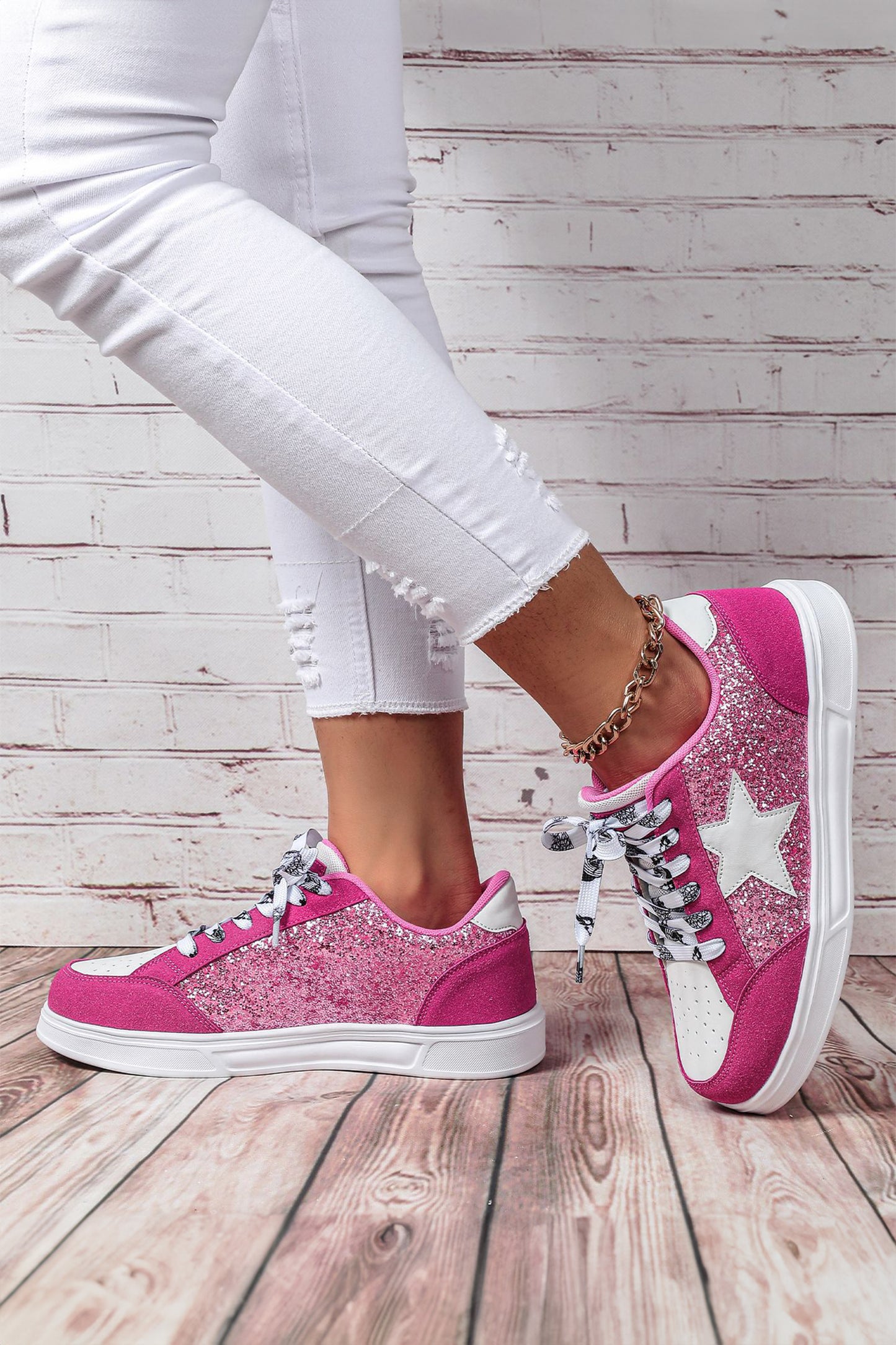 Rose Red Stylish Color Block Glitter Star Patchwork Lace-up Flat Shoes