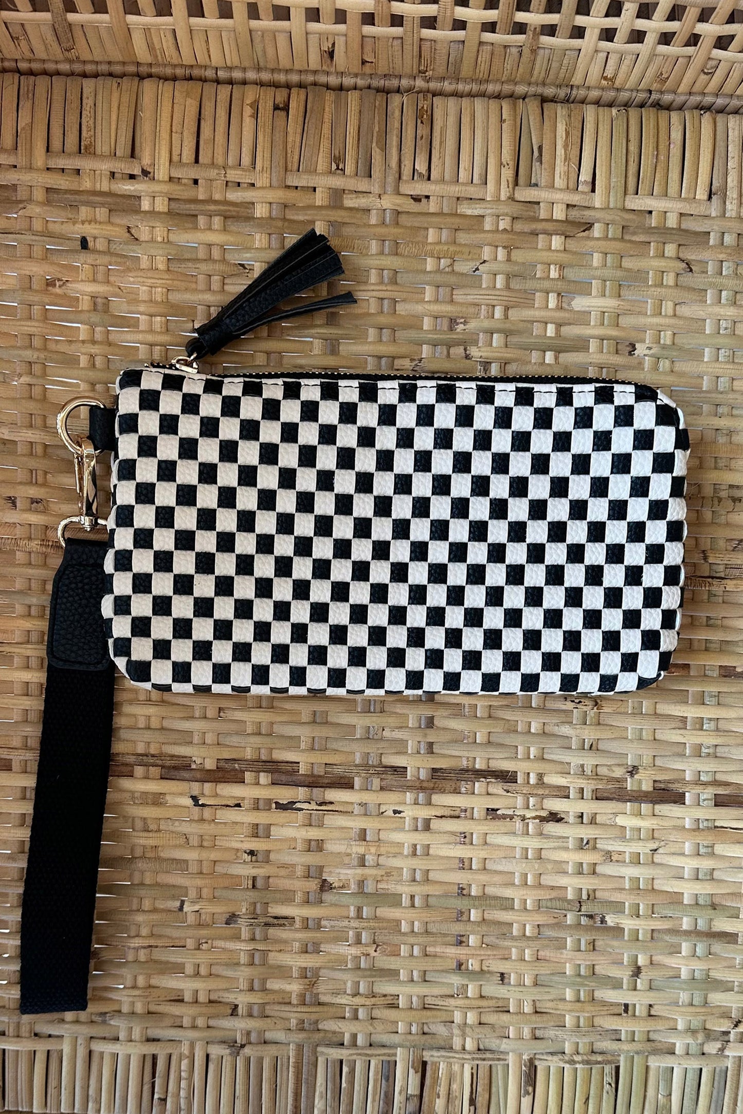 Chestnut Checkered  Woven Clutch Wristlet PU Leather Large Size Patterned Wallet