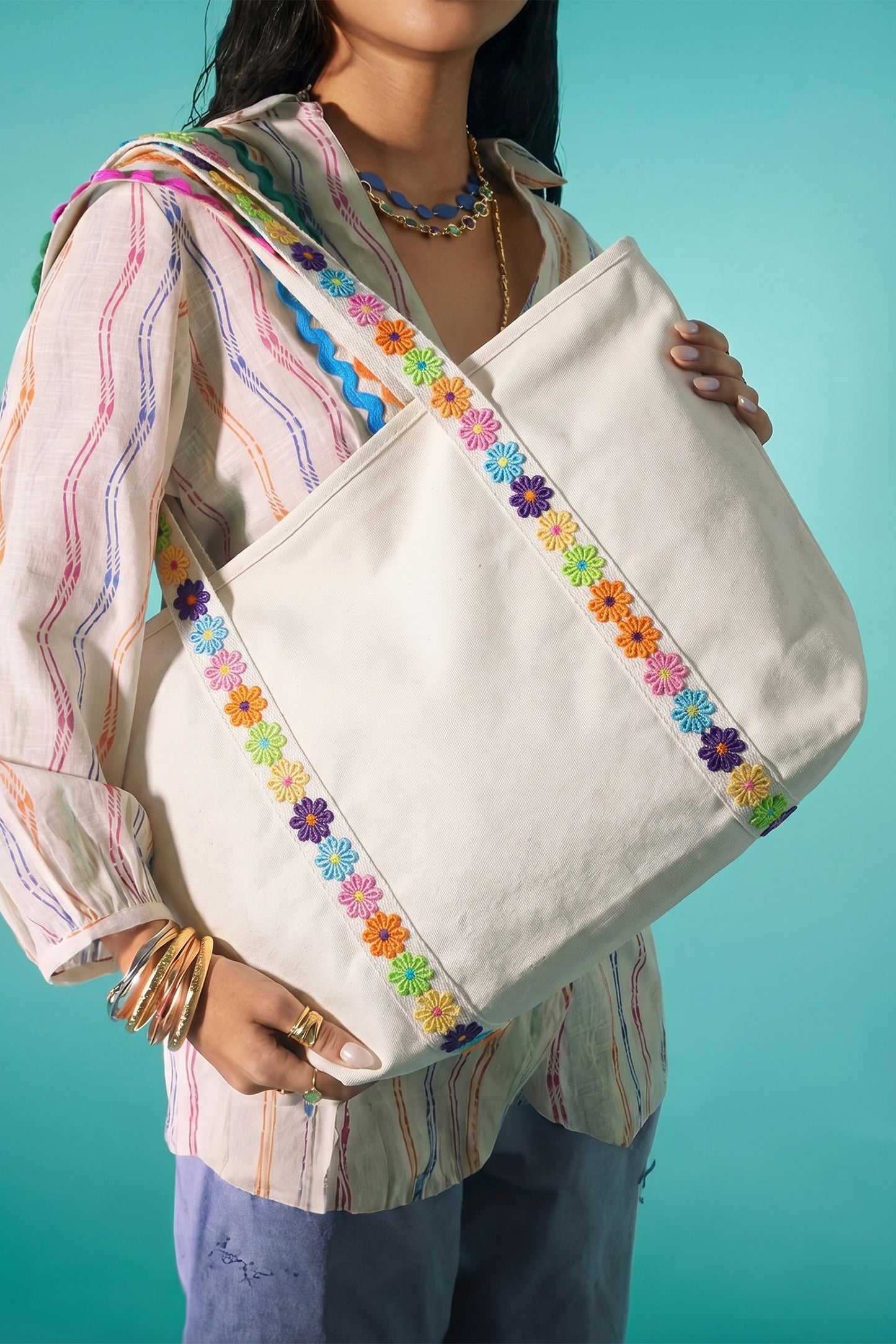 White Canvas Tote Bag with Embroidered Floral Strap Detail