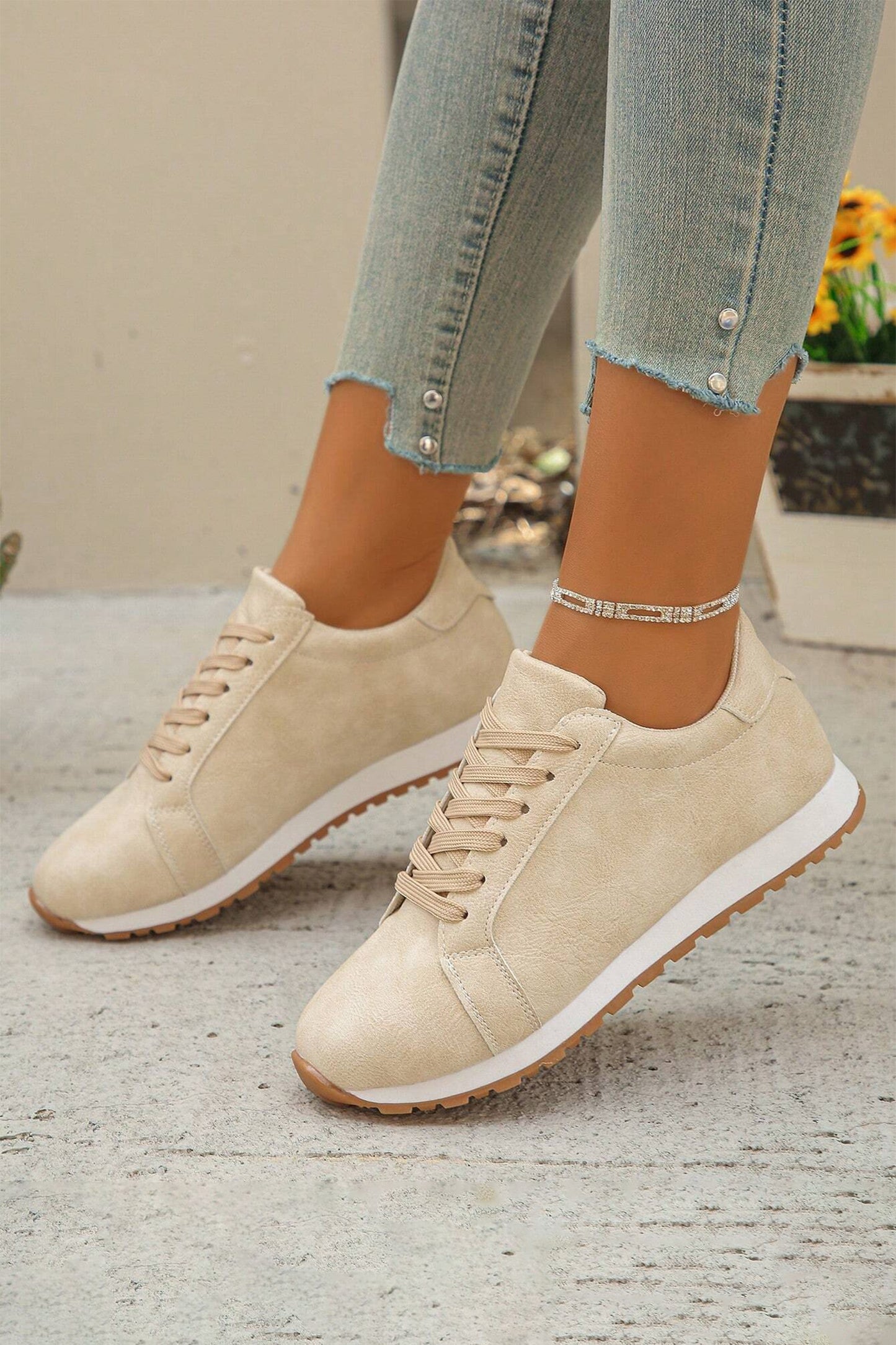 Beige Solid Color Faux Suede Lace-up Sneakers