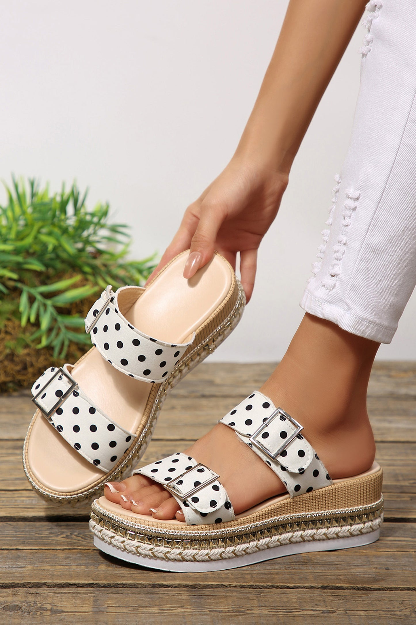 White Polka Dot Pattern Double Buckle Straps Hollow Out Platform Slippers