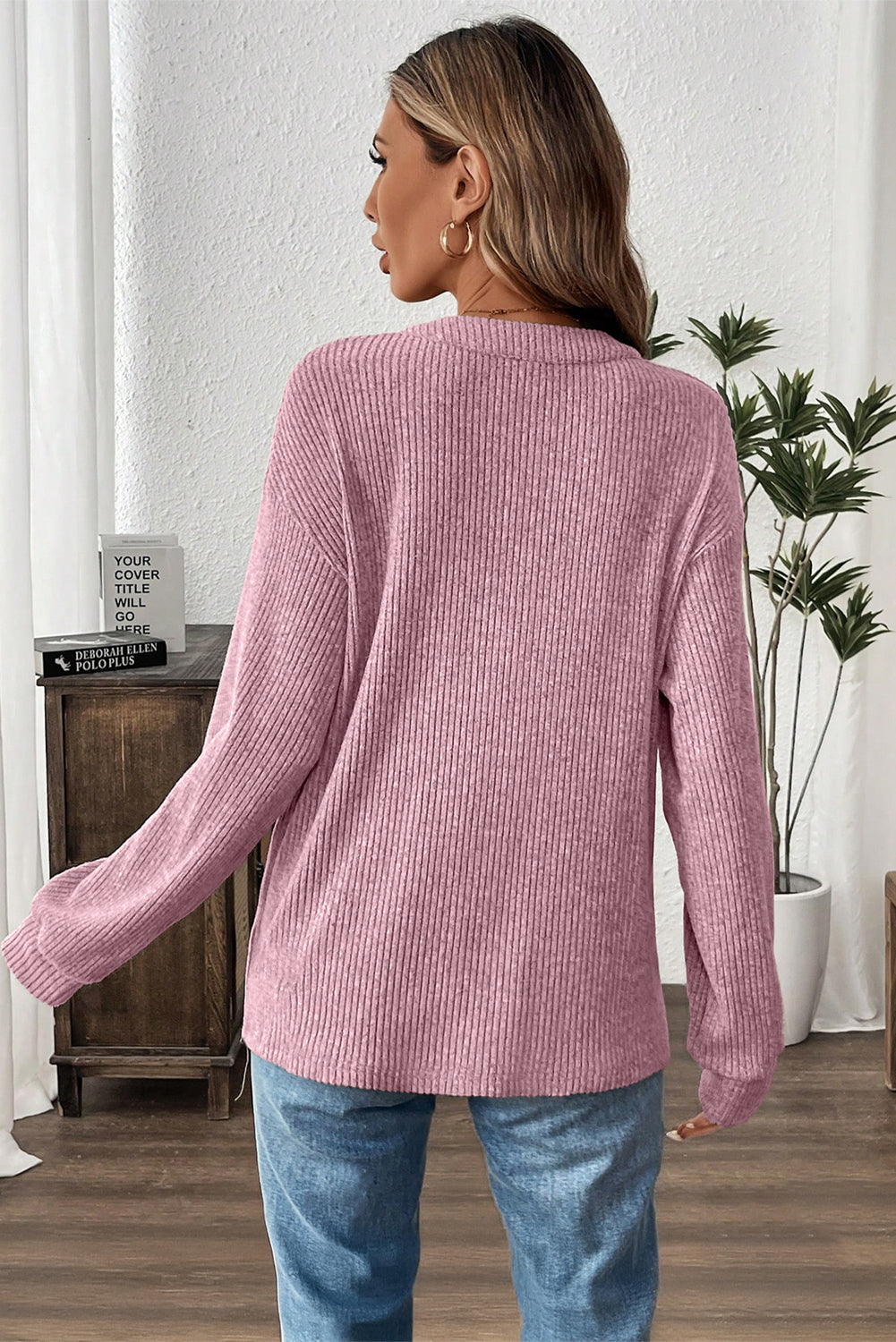 Simply Taupe Ribbed Texture Drop Shoulder Henley Knit Top