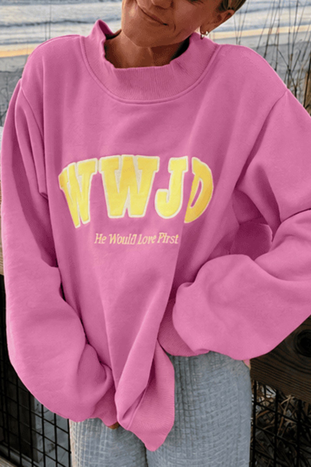 Yellow WWJD Embroidered Trim Slogan Graphic Mock Pullover Sweatshirt
