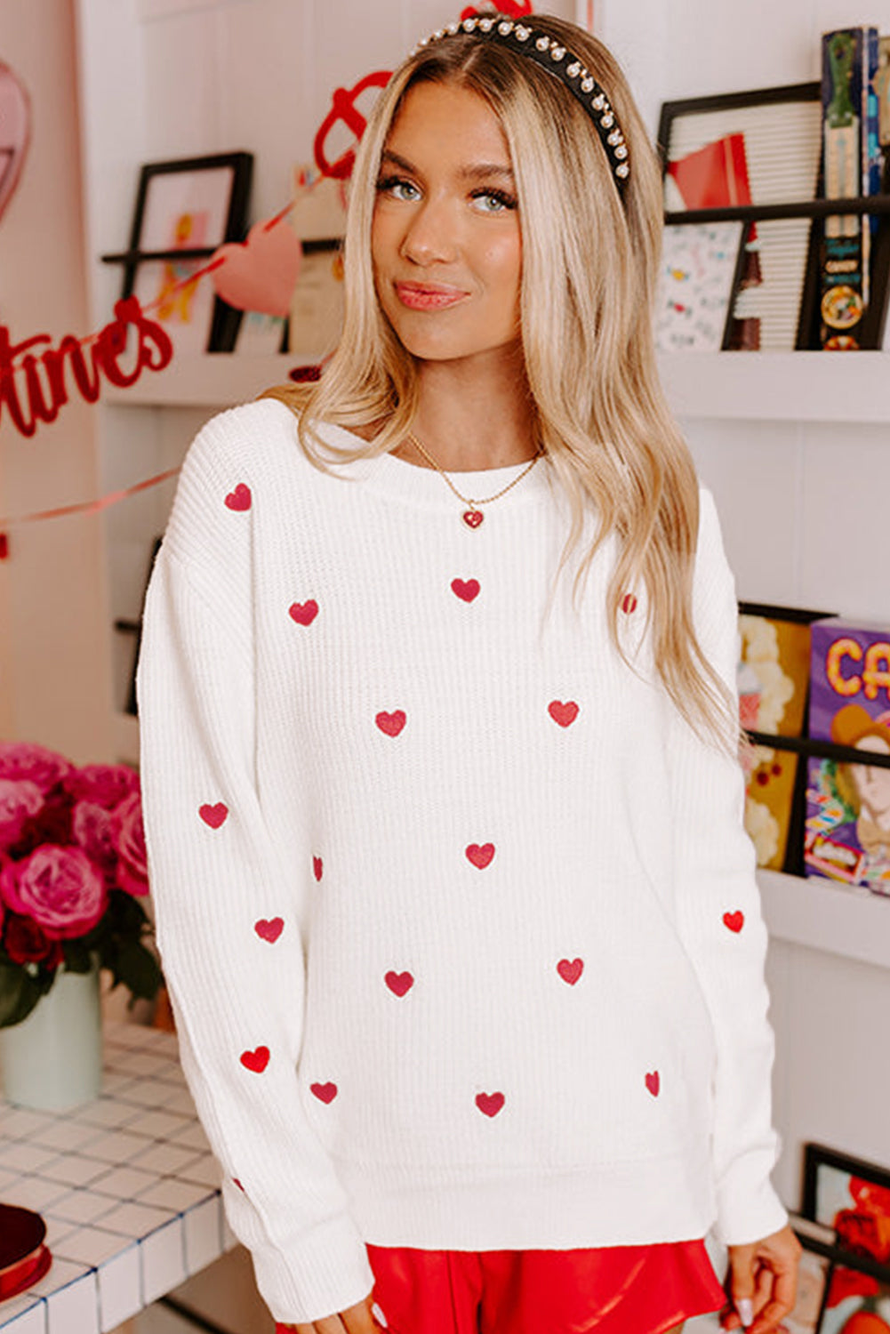 Rose Red Heart Shape Drop Shoulder Round Neck Sweater