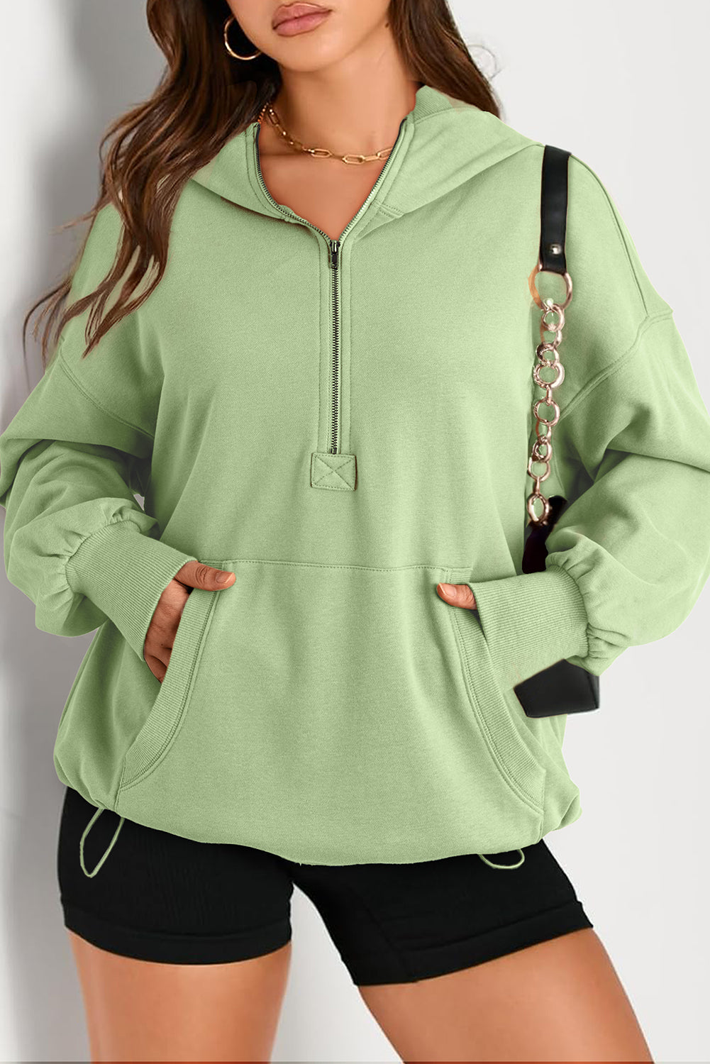 Valerian Solid Kangaroo Pocket Half Zipper Oversized Hoodie