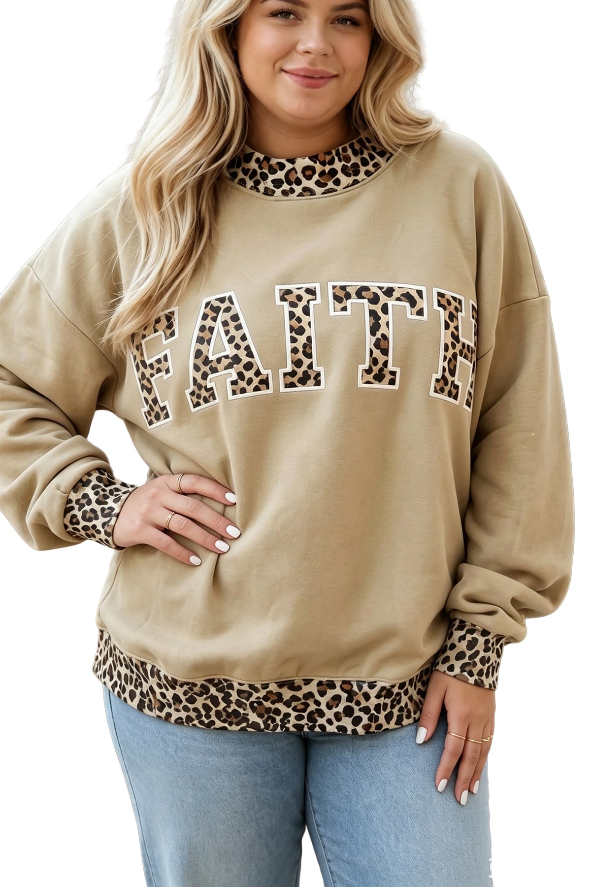 Coffee Plus Size Polka Dot Trim Mock Neck BLESS Graphic Sweatshirt