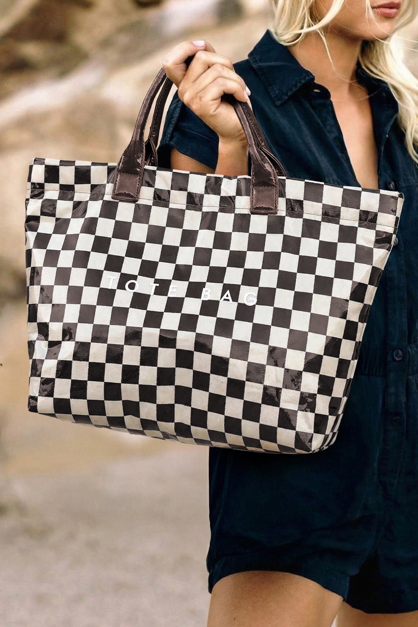Color black Checkered Glossy PU Leather Tote Bag