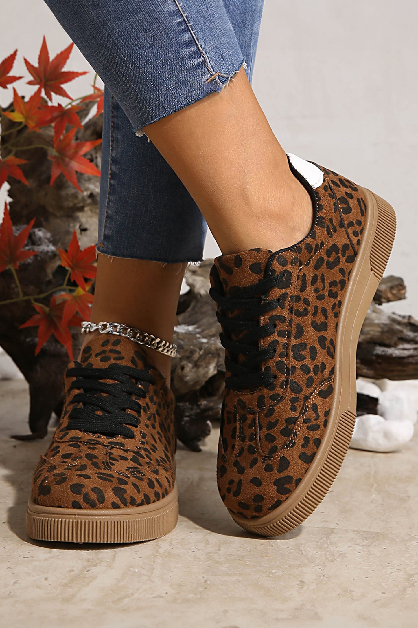 Coffee Leopard Print Contrast Heel Tab Patchwork Laceup Shoes