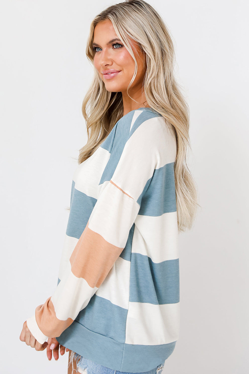 Light Pink Colorblock Striped Drop Shoulder Long Sleeve Top