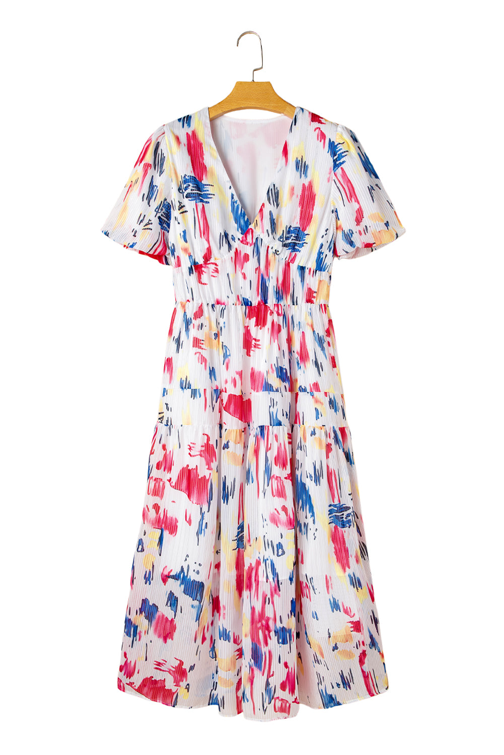 Rose Abstract Print Short Puff Sleeve Tiered Maxi Dress