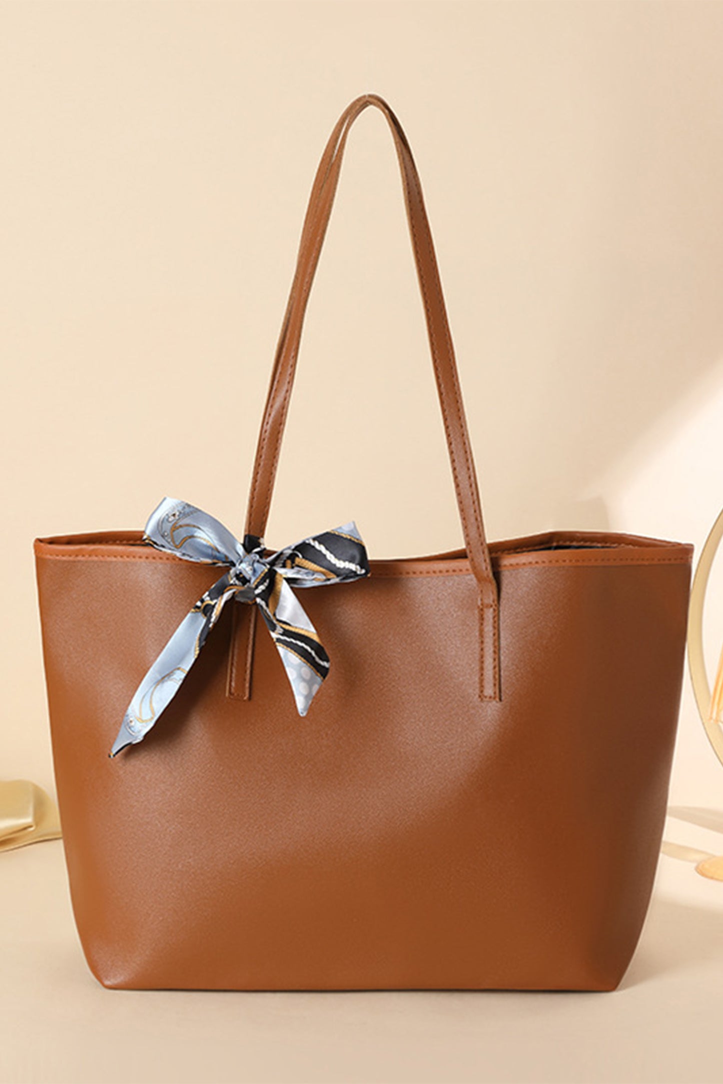 Chestnut Solid Color Large Capacity PU Leather Bag with Ribbon Detail