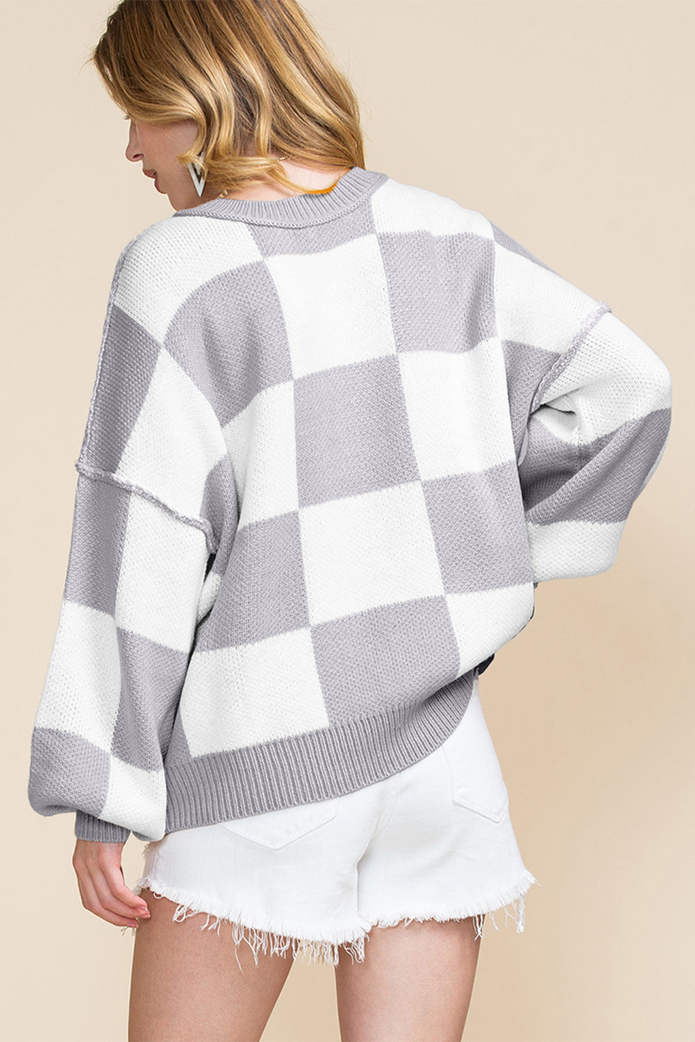 Dark Brown Checkered Bishop Sleeve Sweater