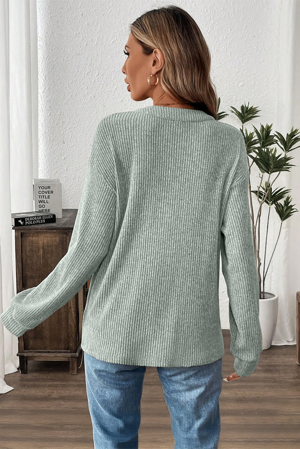 Simply Taupe Ribbed Texture Drop Shoulder Henley Knit Top