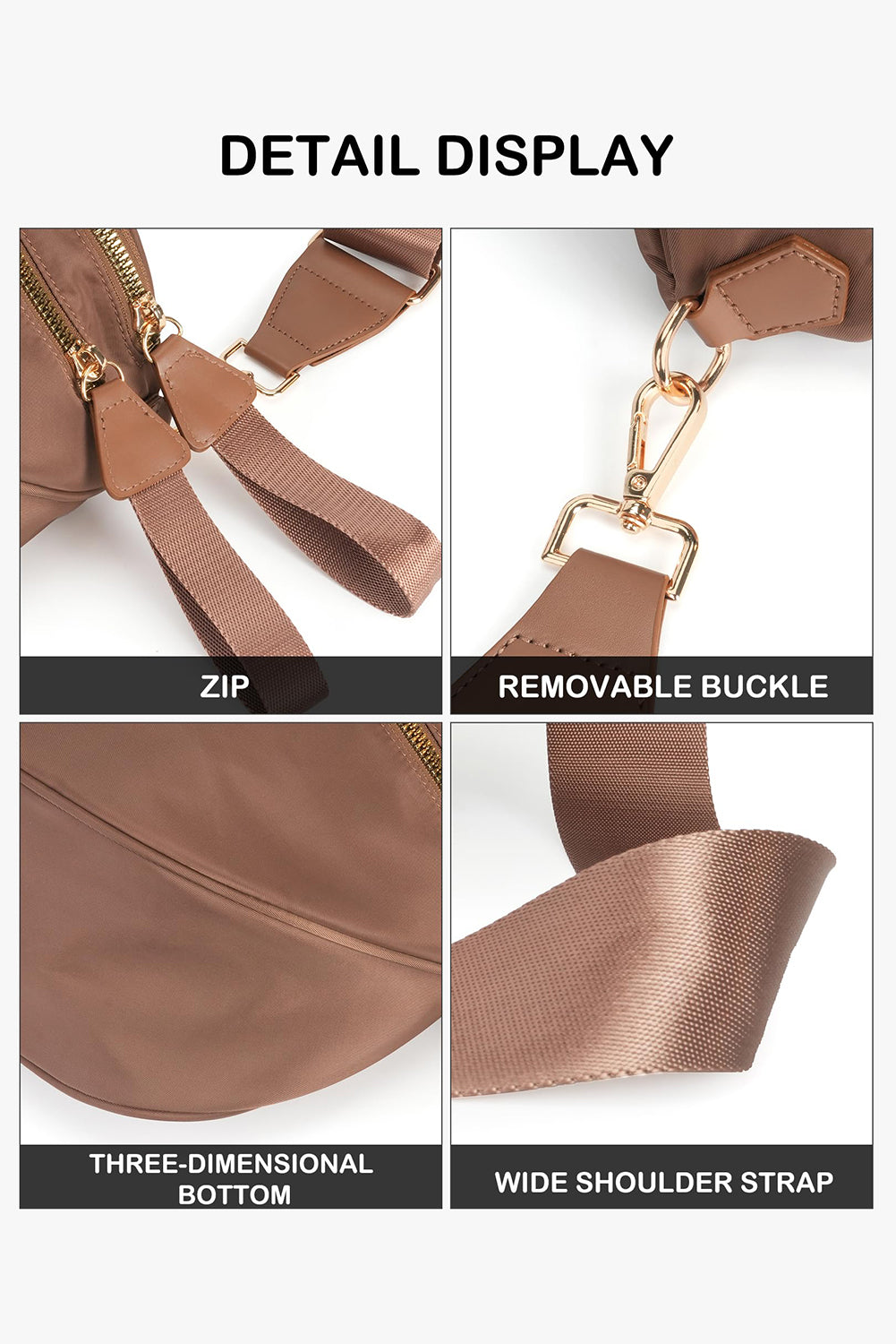 Color black Double Zip Crescent Shape Adjustable Sling Bag