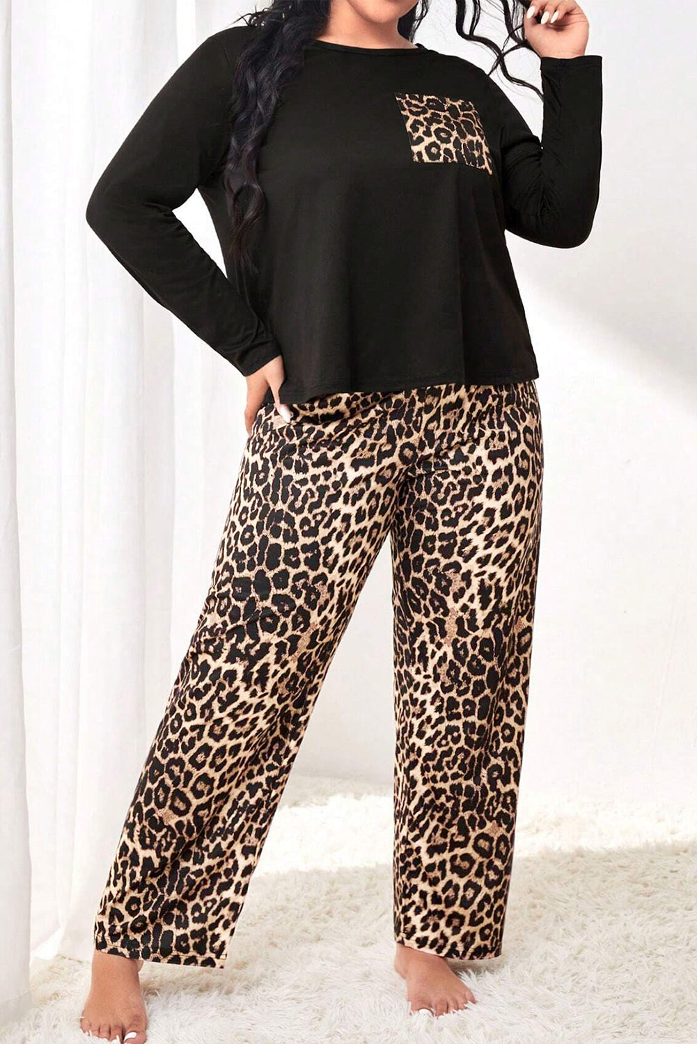 Black Leopard Patched Pocket Long Sleeve Top Plus Size Pants Set