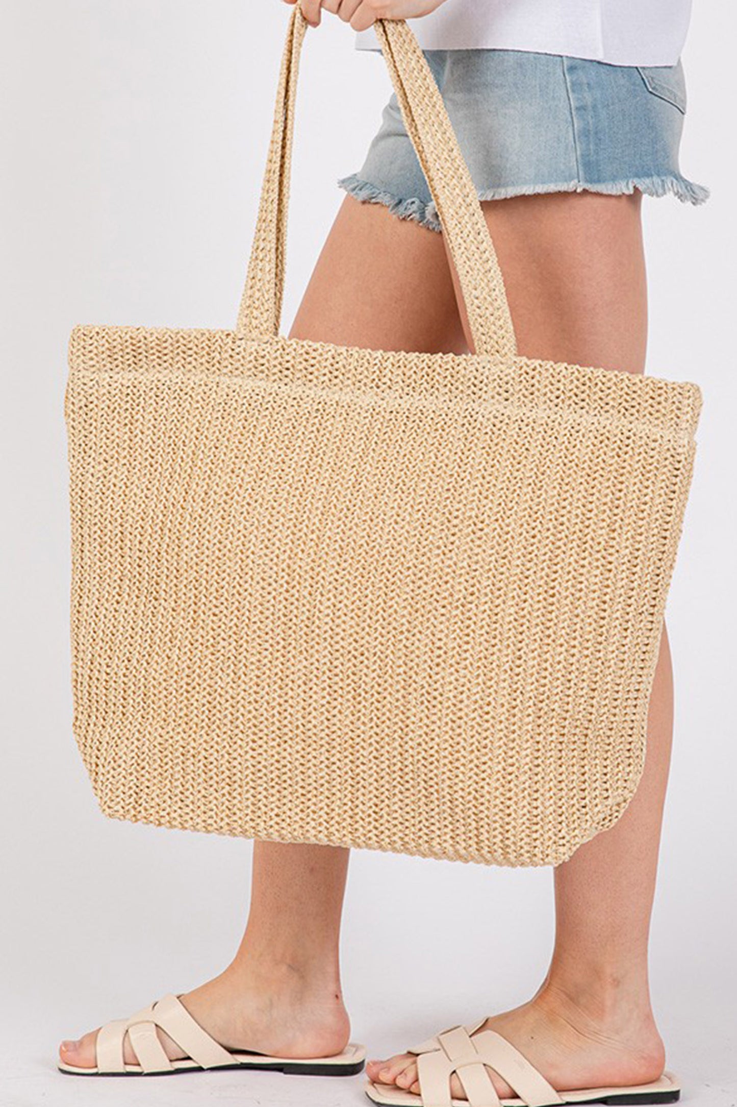 Camel Solid Color Straw Woven Summer Beach Tote Bag