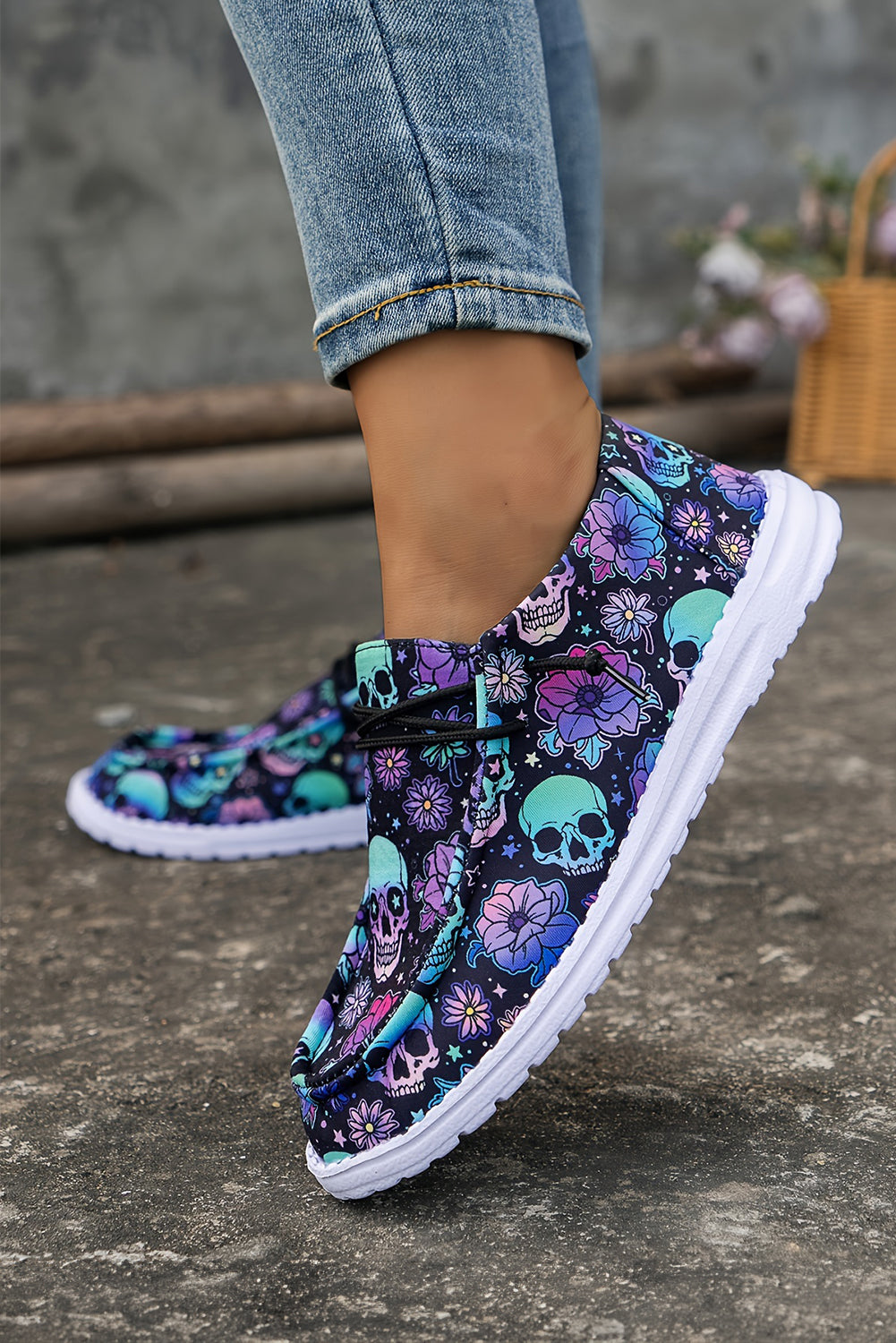 Black Sugar Skull Print Lace-up Detail Halloween Flat Shoes