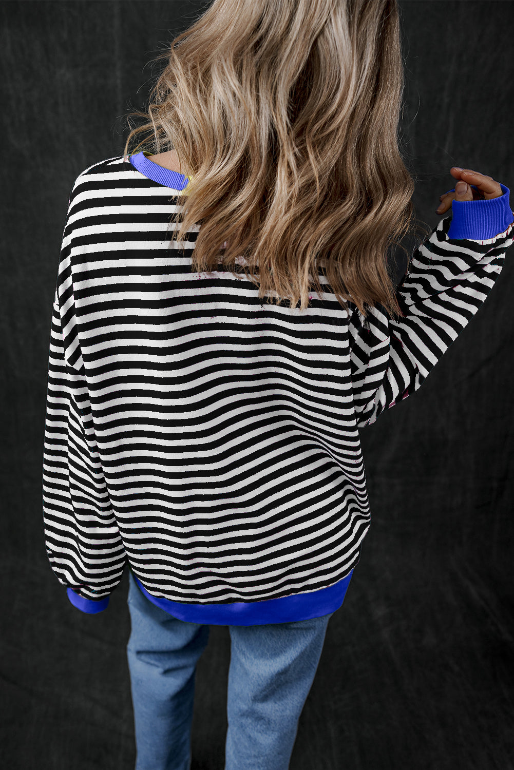 Green Stripe Oversized Contrast Trim Pullover Sweatshirt