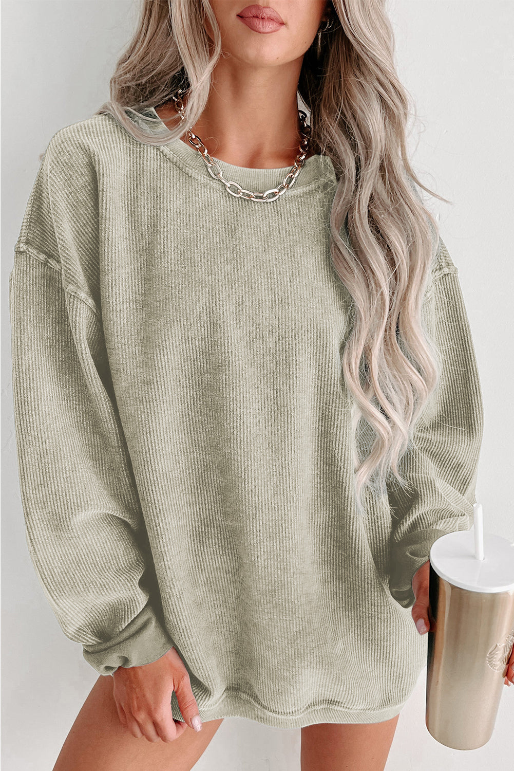 Khaki Solid Ribbed Knit Round Neck Pullover Sweatshirt